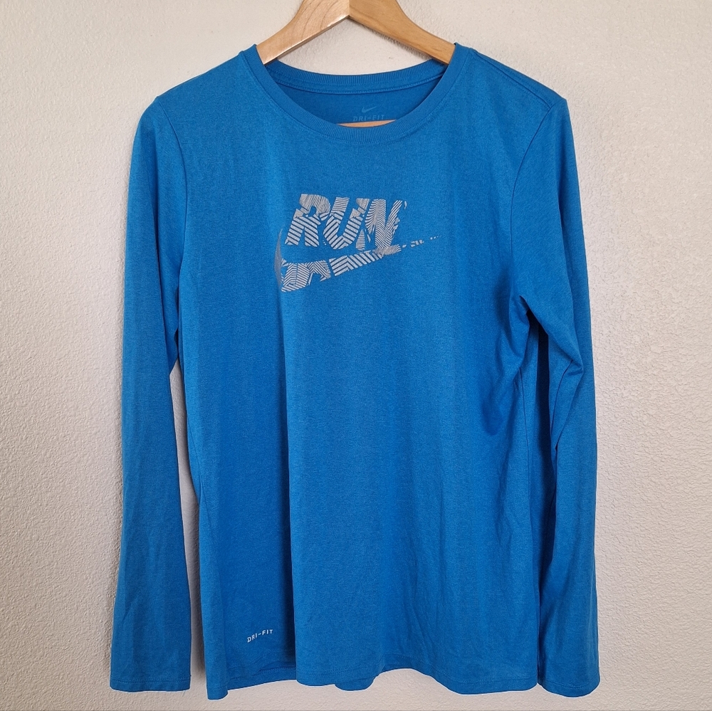 NIKE DRI-FIT Long Sleeve Sporty Athleisure Run Shirt in Blue & Silver Size Large